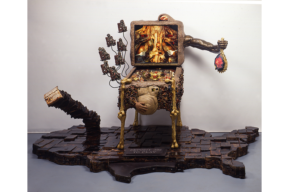 Enterdetainment for the United States of MInd, working pinball machine, mixed media, 13 x 6 x 5 ft.